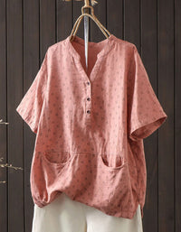 Side view of loose fit women’s Summer tunic top with relaxed silhouette and breathable linen texture