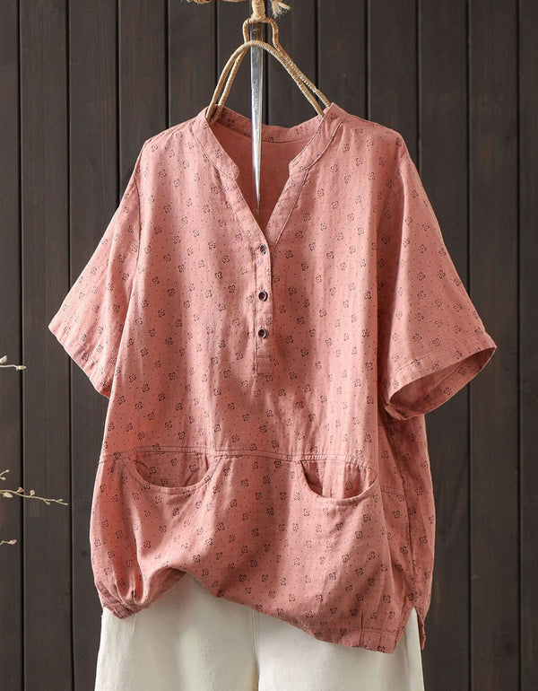 Side view of loose fit women’s Summer tunic top with relaxed silhouette and breathable linen texture