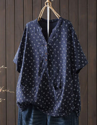 Women’s Cotton Linen Henley Blouse – Vintage Loose Fit Short Sleeve Tunic Top with Pockets