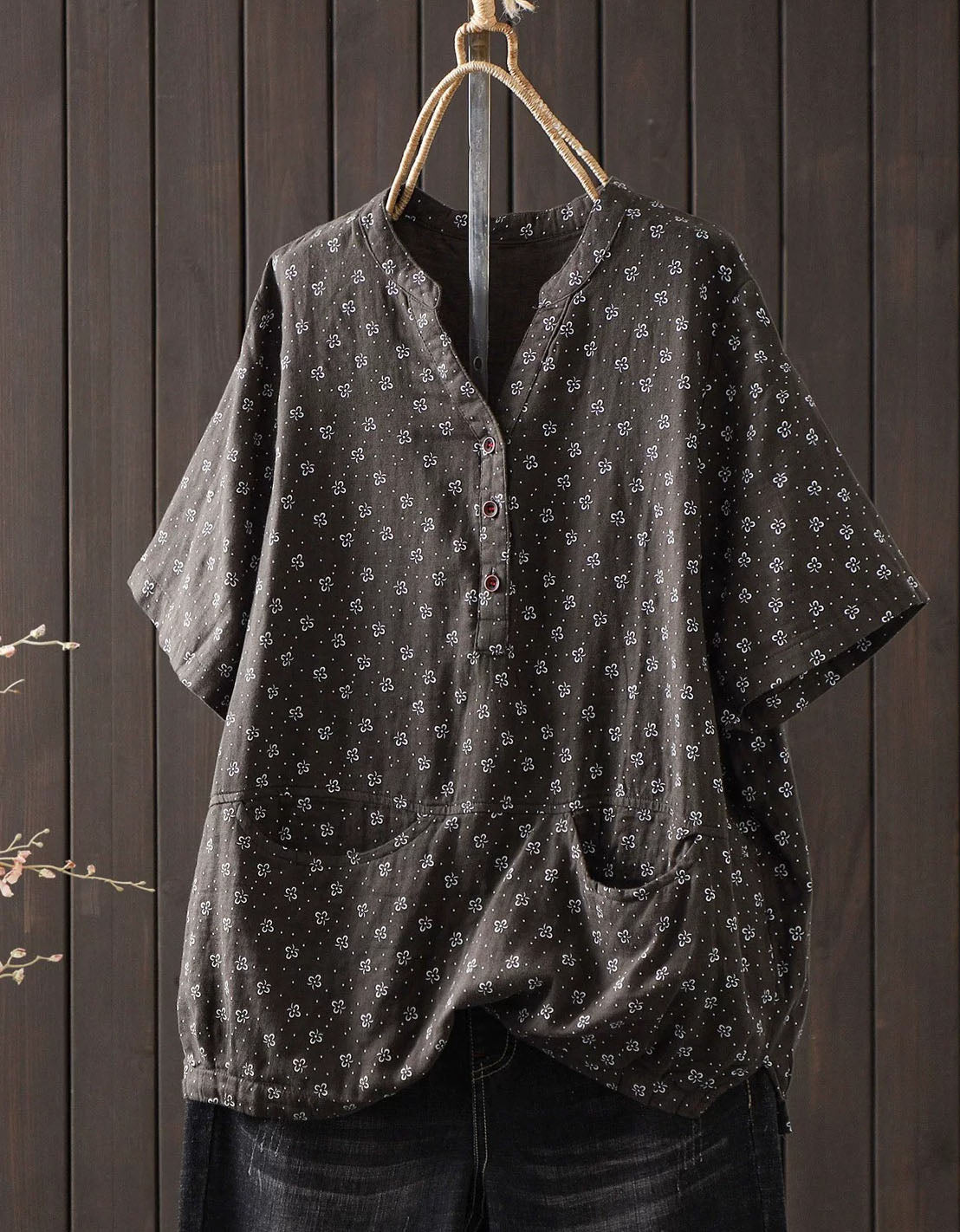 Women’s Loose Fit Cotton Linen Tunic Top – Casual Short Sleeve Henley Blouse with Front Pockets
