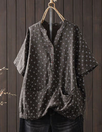 Women’s Loose Fit Cotton Linen Tunic Top – Casual Short Sleeve Henley Blouse with Front Pockets