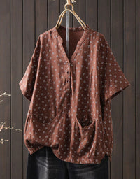 Vintage Cotton Linen Summer Blouse for Women – Relaxed Fit Short Sleeve Henley Shirt with Pockets