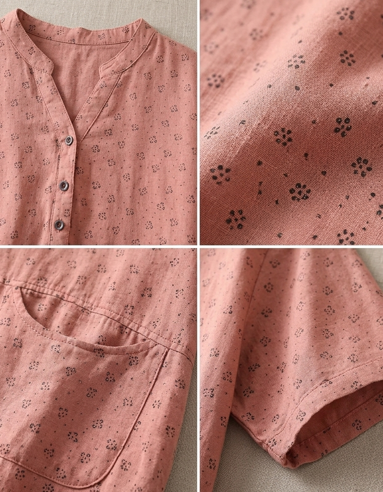 Close-up of cotton linen blouse fabric showing subtle floral pattern and button placket detail