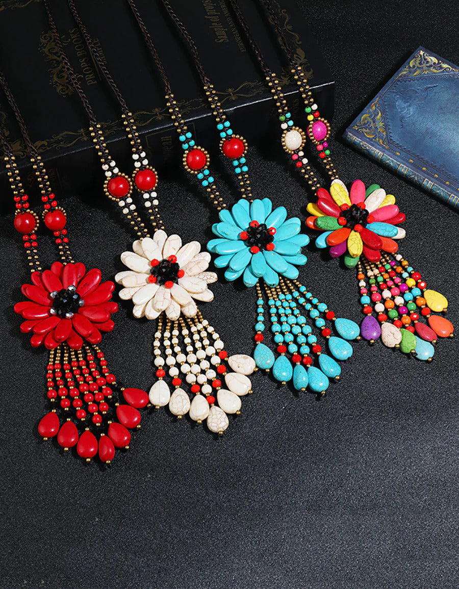 Women Vintage Flower Tassel Necklace