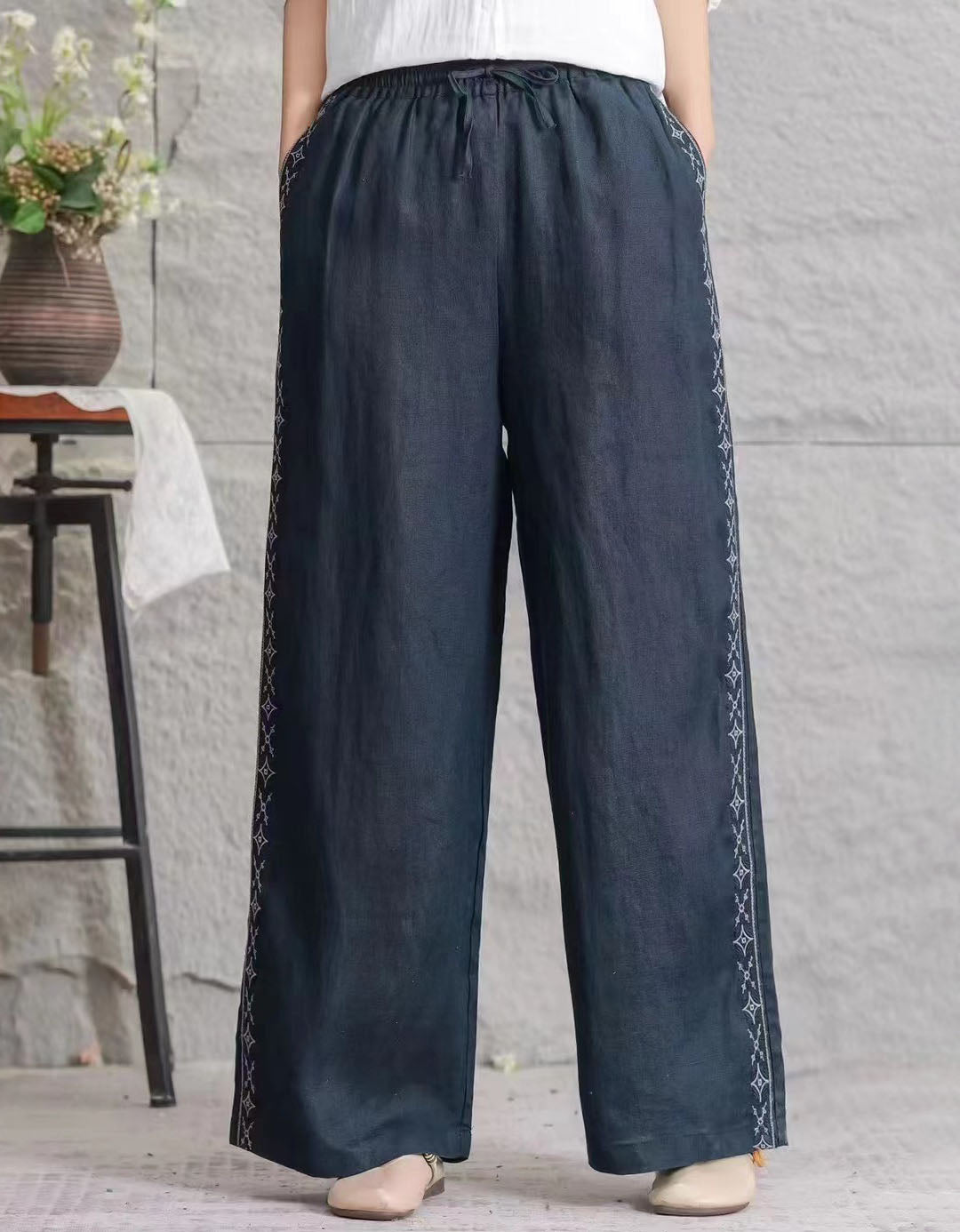 vintage loose wide leg linen pants women dark blue front view