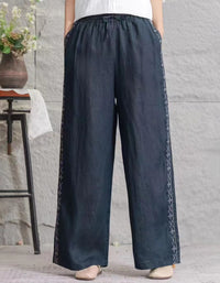 vintage loose wide leg linen pants women dark blue front view