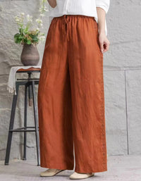 casual wide leg linen pants women elastic waist navy blue