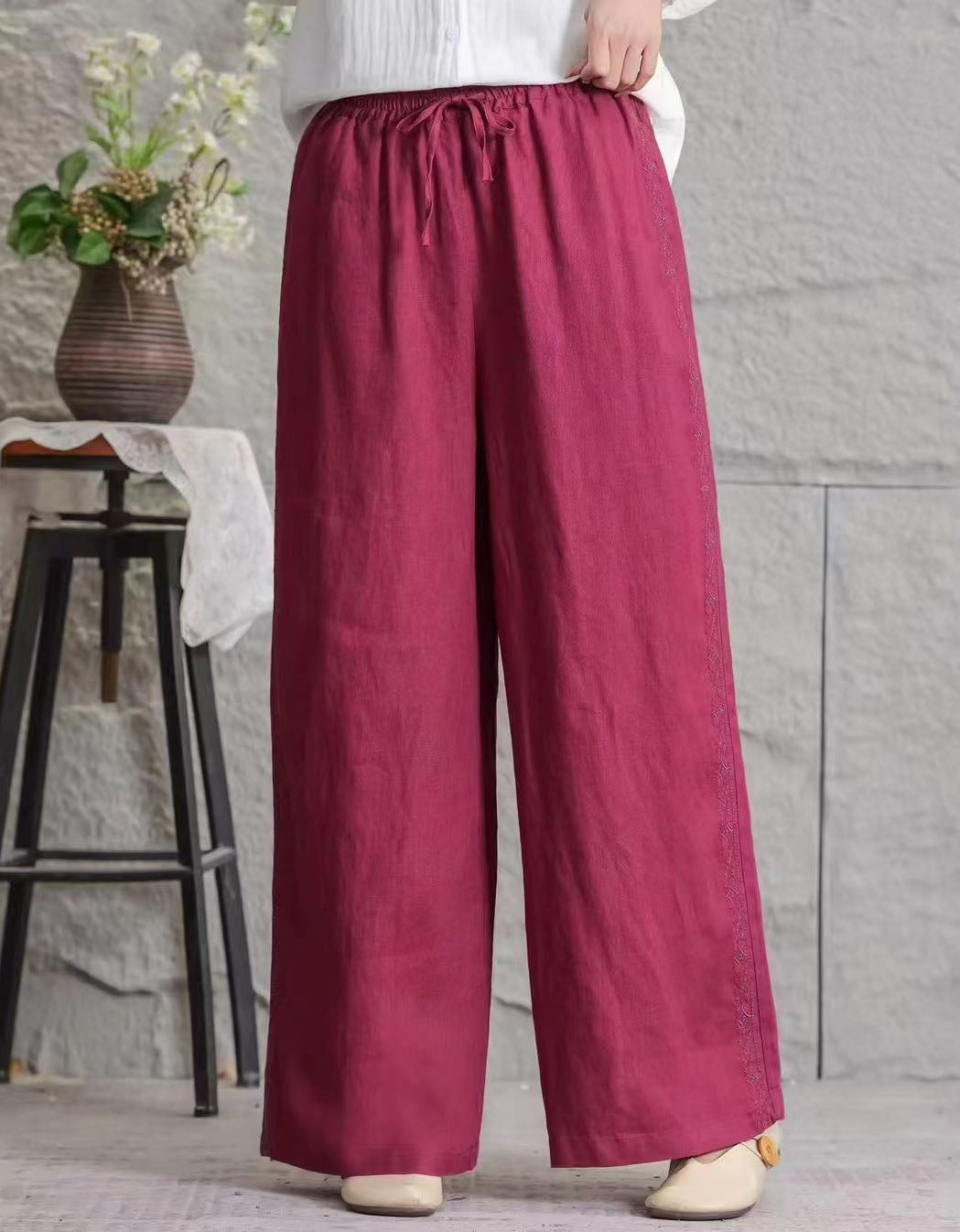 vintage embroidered wide leg linen pants women