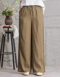 Khaki women elastic waist casual linen pants loose fit