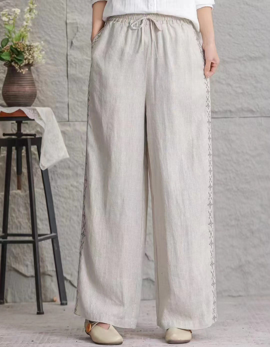 Vintage Style Wide Leg Linen Pants with Elastic Waist