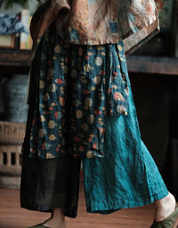 Women’s Vintage Patchwork Wide Leg Linen Pants – Artistic Fish Print Boho Palazzo Trousers