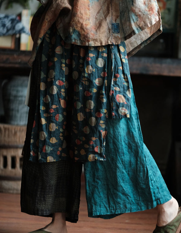 Women’s Vintage Patchwork Wide Leg Linen Pants – Artistic Fish Print Boho Palazzo Trousers