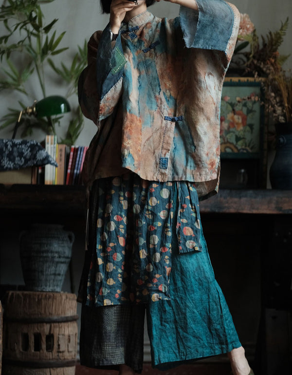 Japanese Style Cotton Linen Wide Leg Pants for Women – Retro Printed Loose Fit Casual Trousers