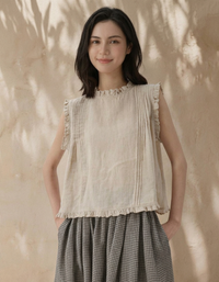 Women Vintage Linen Ruffle Trim Sleeveless Blouse