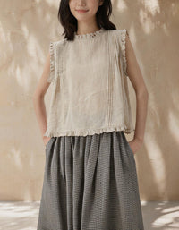 Casual Linen Blend Ruffle Neck Women Summer Top