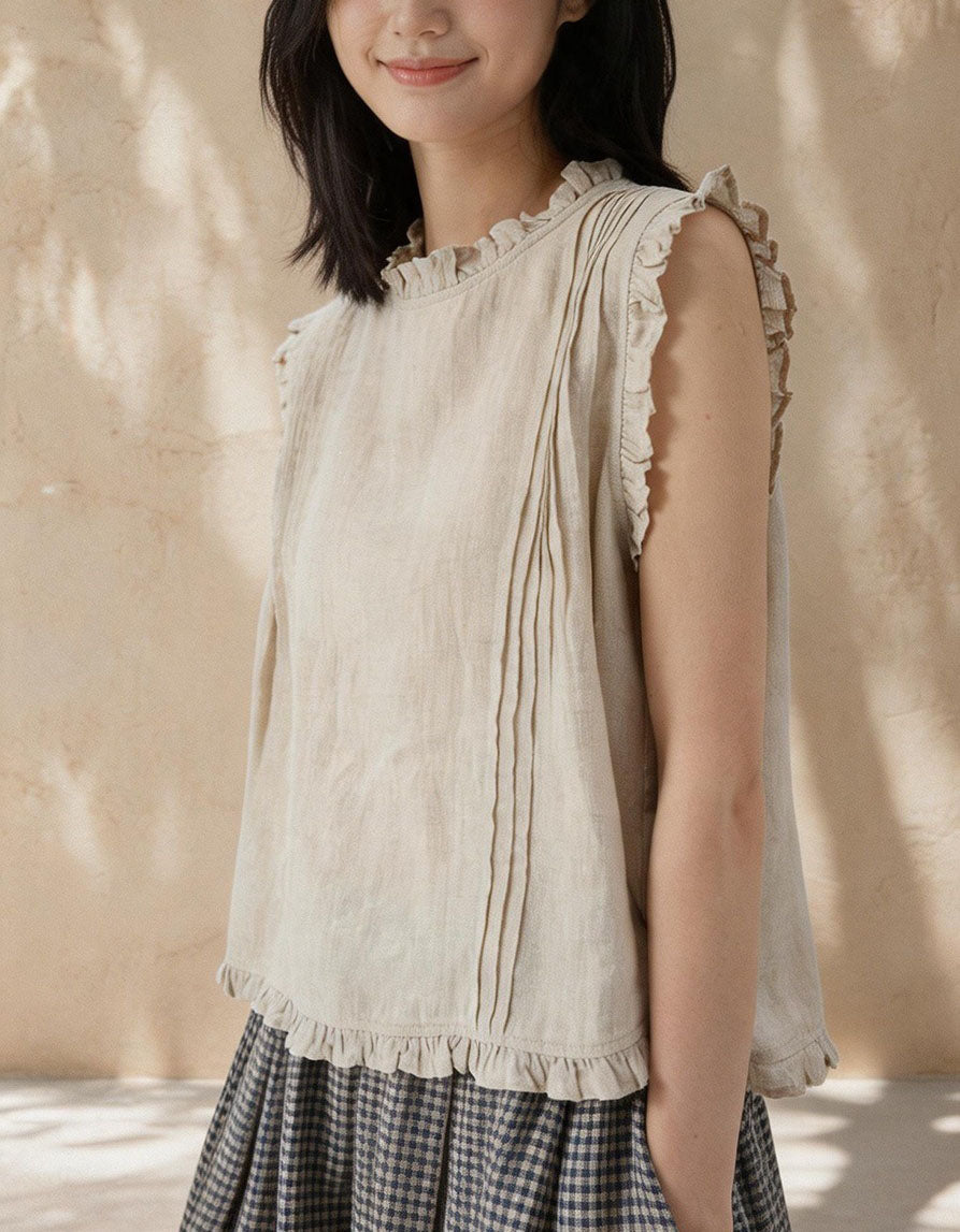Women Sleeveless Linen Pleated Ruffle Detail Blouse