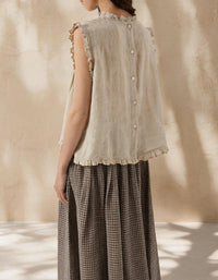 Women Relaxed Fit Linen Ruffle Neck Summer Blouse