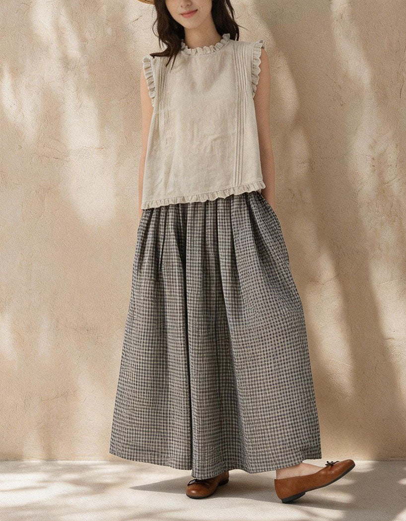 Women Minimalist Linen Ruffle Trim Tank Blouse