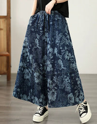 Women Vintage Floral Wide Leg Denim Pants Palazzo