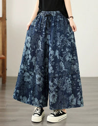 Boho Floral Print Wide Leg Jeans Women Casual Loose