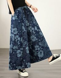 Elastic Waist Floral Denim Palazzo Pants for Women