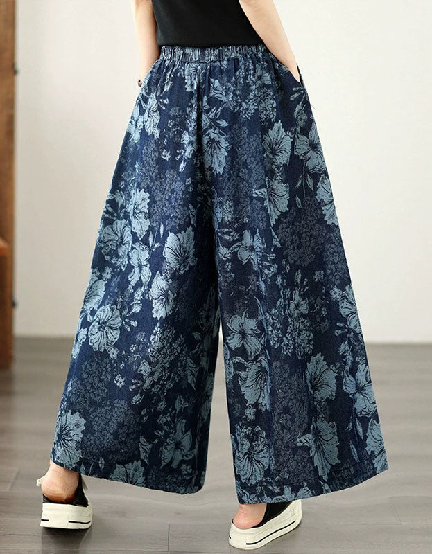 Women floral wide leg denim palazzo pants casual loose fit