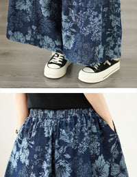 Vintage floral print wide leg jeans for women with elastic waist