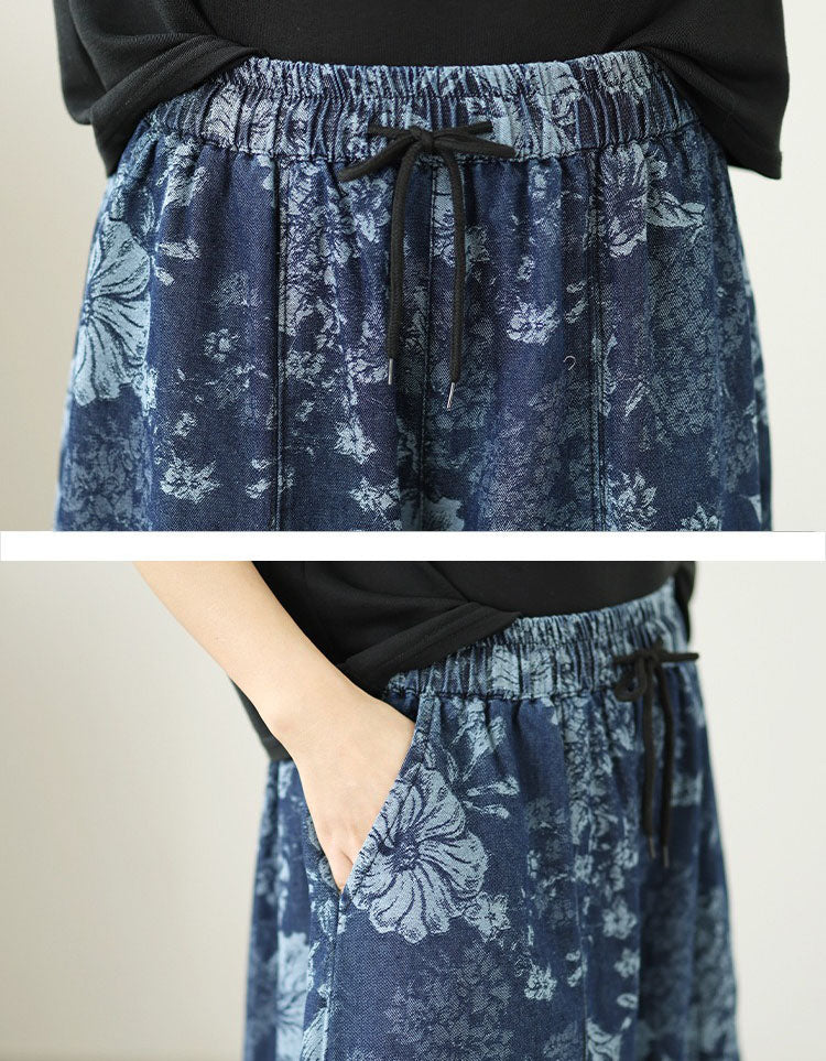 Women casual floral denim trousers paired with sneakers