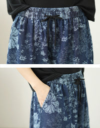 Women casual floral denim trousers paired with sneakers