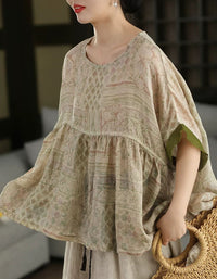 Vintage Inspired Botanical Print Relaxed Linen Top