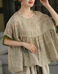 Boho Leaf Print Linen Blend Casual Blouse for Women