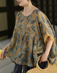 Women Vintage Loose Botanical Leaf Summer Linen Blouse