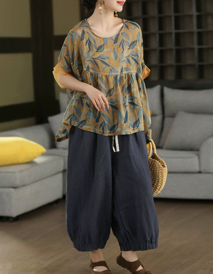 Women's Loose Fit Botanical Print Linen Tunic Top