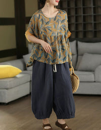 Women's Loose Fit Botanical Print Linen Tunic Top