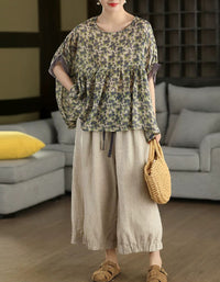 Vintage Leaf Pattern Relaxed Fit Linen Blouse Women