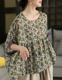 Women Vintage Loose Botanical Leaf Summer Linen Blouse