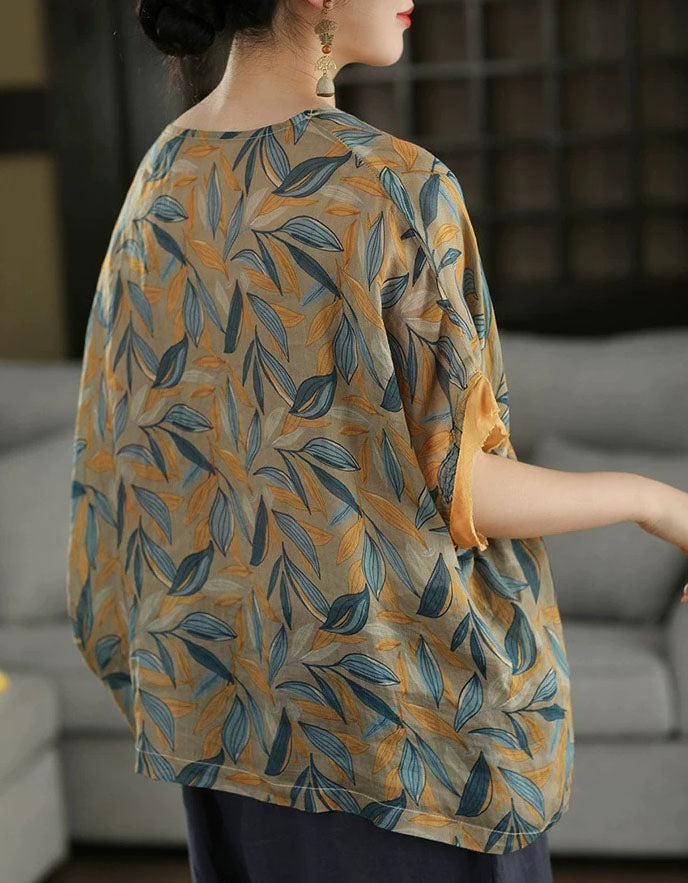 Women's Casual Oversized Leaf Print Linen Blouse