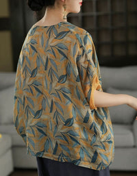 Women's Casual Oversized Leaf Print Linen Blouse