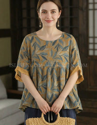 Women's Botanical Leaf Print Linen Casual Summer Top
