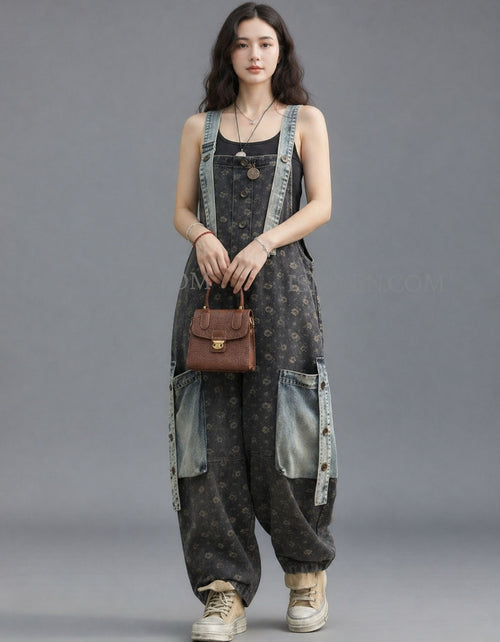 Women Vintage Denim Overalls Loose Wide Leg Jumpsuit