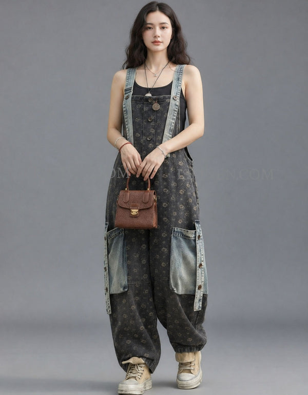 Women Vintage Denim Overalls Loose Wide Leg Jumpsuit