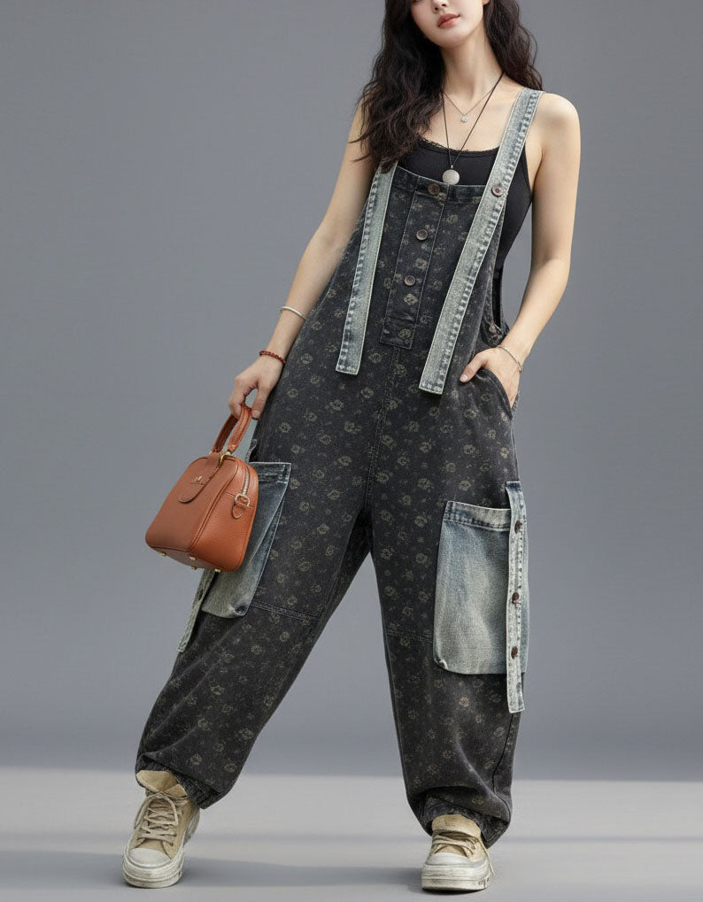 Vintage Washed Denim Overalls Women Loose Fit Jumpsuit