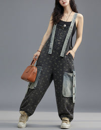 Vintage Washed Denim Overalls Women Loose Fit Jumpsuit
