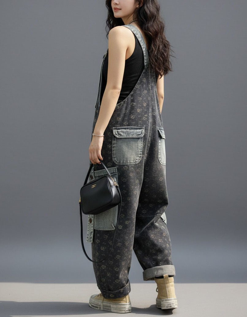 women denim overalls loose fit wide leg jumpsuit front view