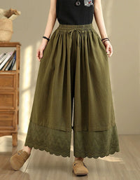 Women’s Beige Wide Leg Skirt Pants – Elastic Waist Boho Linen Culottes