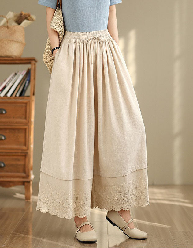 Casual Beige Wide Leg Pants – Skirt Style Culottes with Embroidery Hem