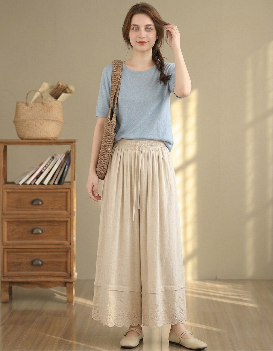 Boho Beige Skirt Pants for Women – Flowy Wide Leg Culottes with Lace Hem