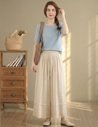 Boho Beige Skirt Pants for Women – Flowy Wide Leg Culottes with Lace Hem