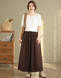 Vintage Style Beige Culottes – Elastic Waist Wide Leg Skirt Pants