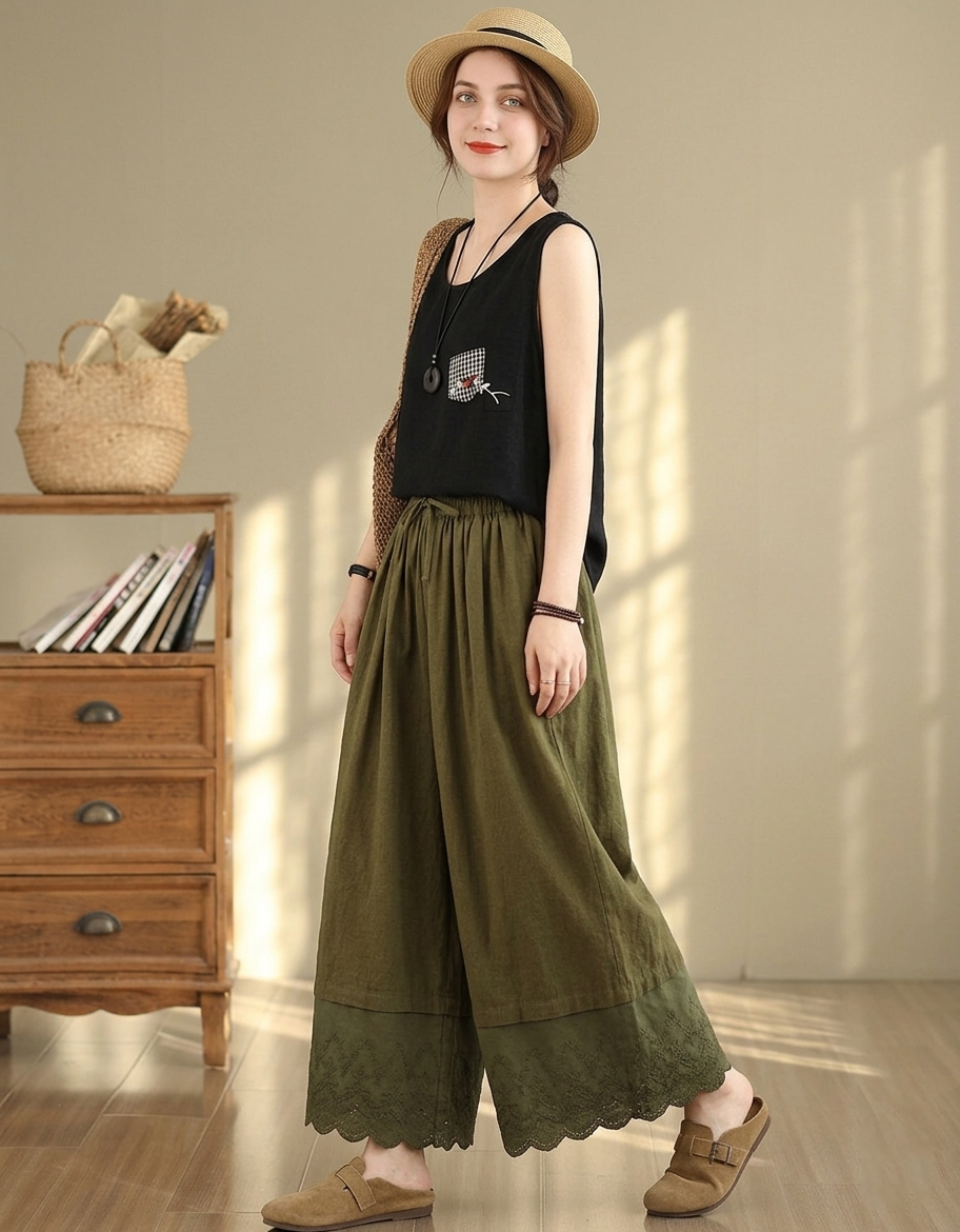 Women’s Linen Blend Skirt Pants – Loose Fit Wide Leg Boho Trousers